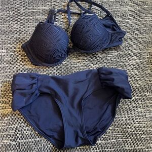 Aerie Navy Blue Bikini Set Crochet top / hipster bottoms sz 36A / Medium